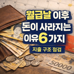 월급날 이후 돈이 줄어드는 상황을 표현한 이미지로, 지갑에서 빠져나온 지폐와 동전, 카드와 달력이 함께 놓인 재정 관리 장면