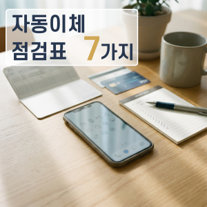 집에서 스마트폰과 통장, 카드를 놓고 자동이체 지출을 점검하는 일상적인 장면